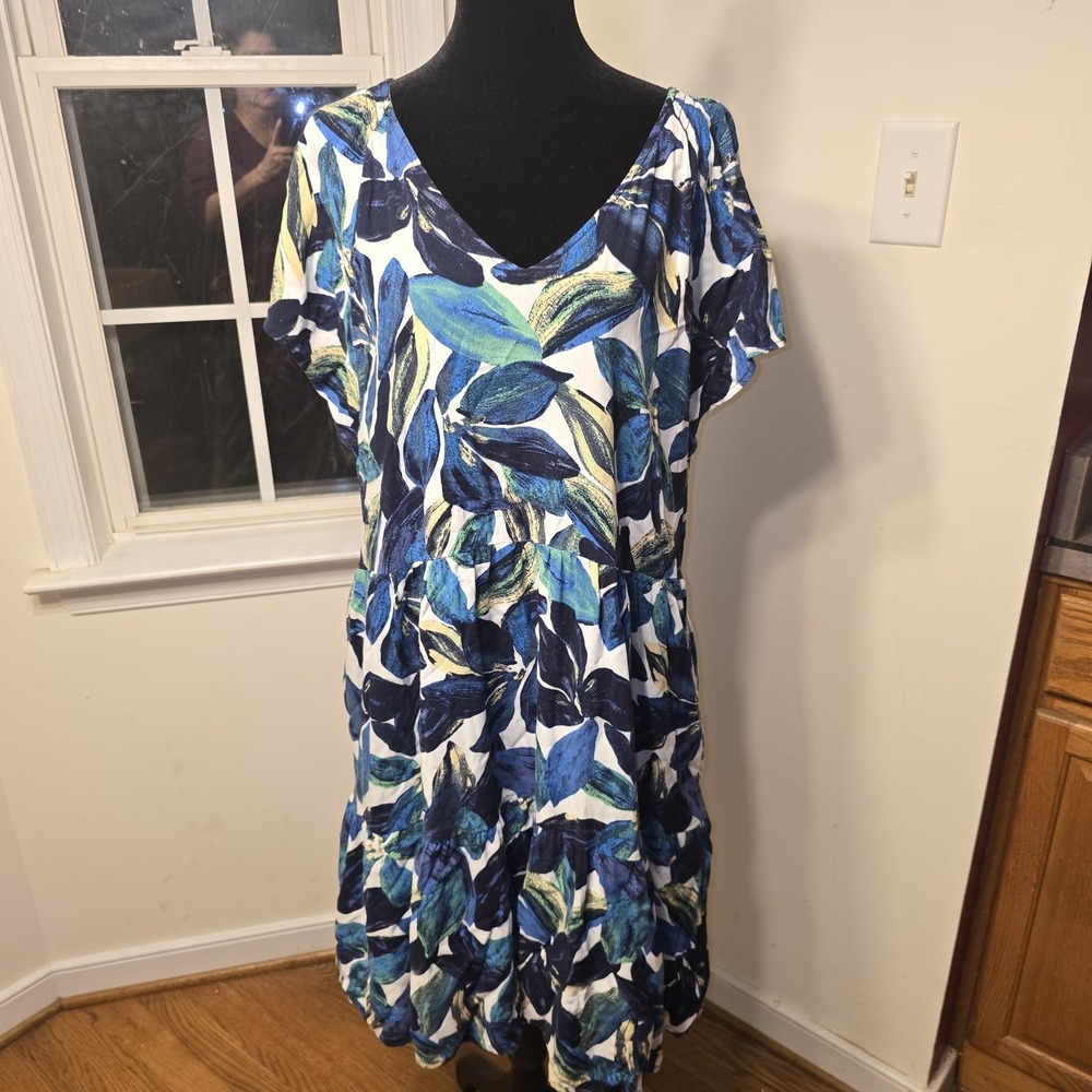 Time and Tru Women's XXXL Blue Green Leaf Print V Neck Tiered Midi Dress Pockets